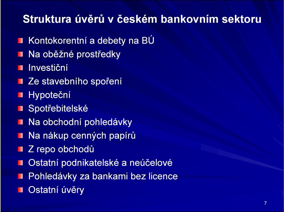 Spotřebitelské Na obchodní pohledávky Na nákup cenných papírů Z repo