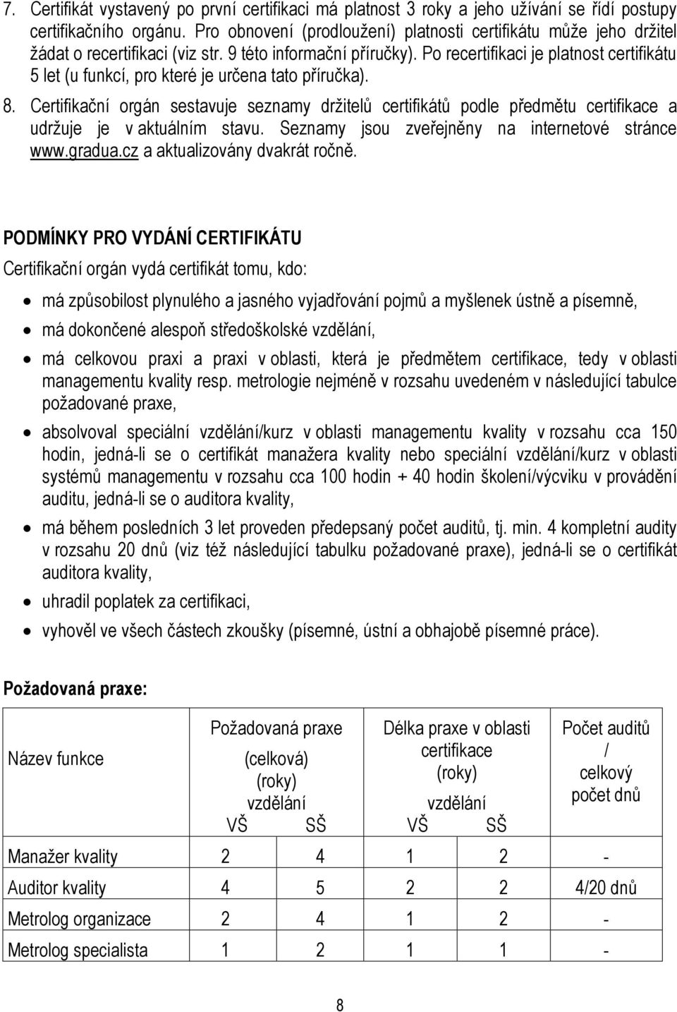 Po recertifikaci je platnost certifikátu 5 let (u funkcí, pro které je určena tato příručka). 8.