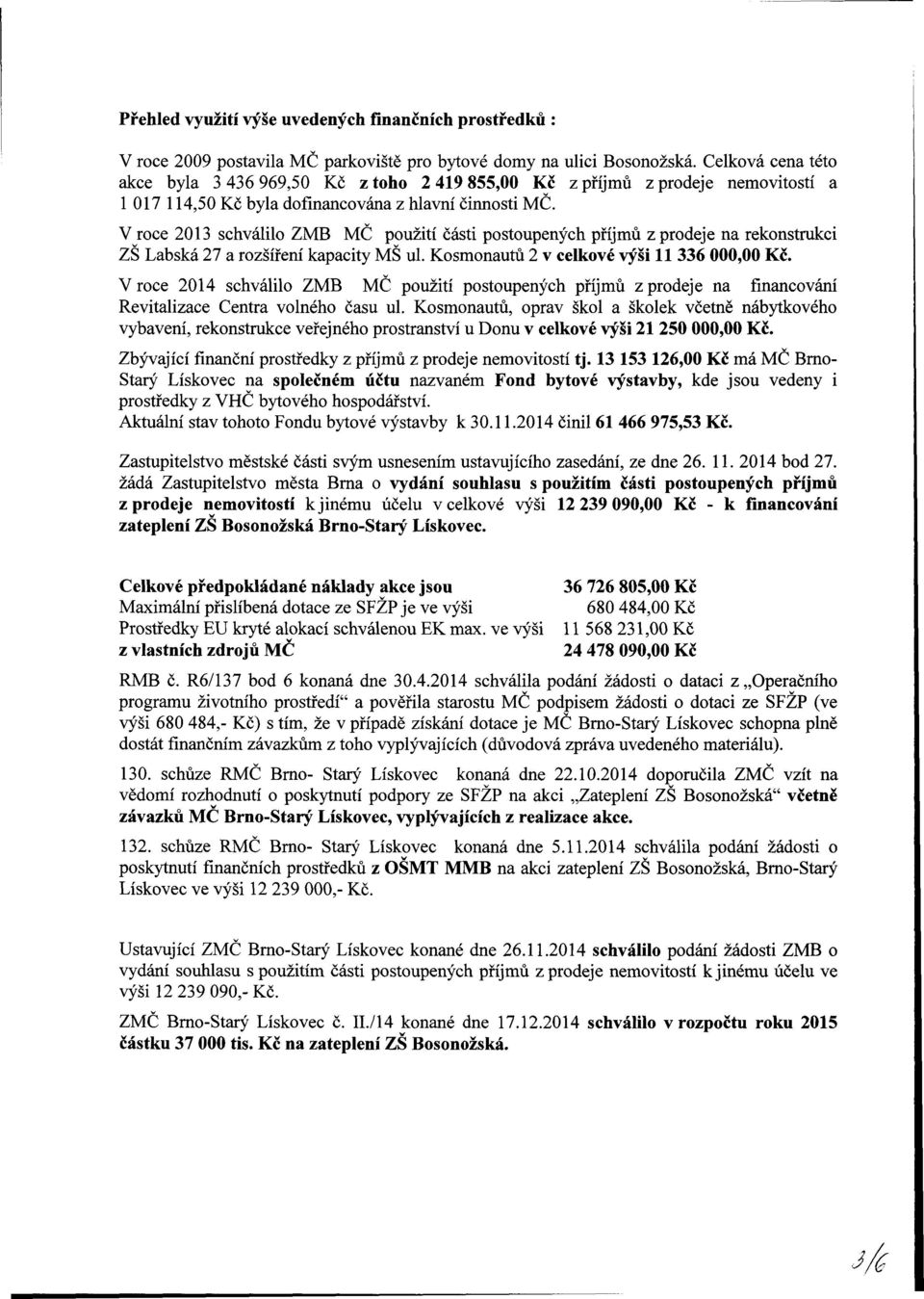 V re 20 hálil ZMB MČ pžití čáti ptpenýh příjmů z prdeje n rekntrki ZŠ Lbká 27 rzšíření kpity MŠ l. Kmntů 2 elké ýši 6 000,00 Kč.