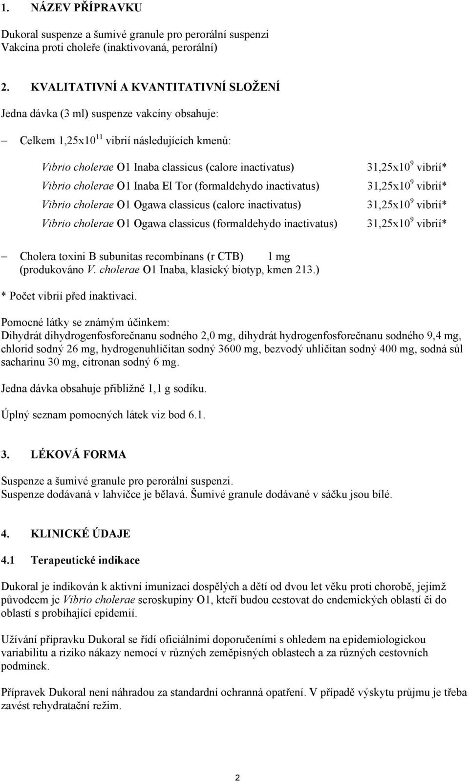 cholerae O1 Inaba El Tor (formaldehydo inactivatus) Vibrio cholerae O1 Ogawa classicus (calore inactivatus) Vibrio cholerae O1 Ogawa classicus (formaldehydo inactivatus) 31,25x10 9 vibrií* 31,25x10 9