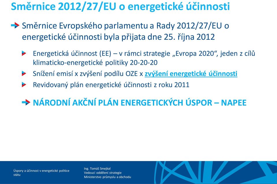 října 2012 Energetická účinnost (EE) v rámci strategie Evropa 2020, jeden z cílů klimaticko-energetické