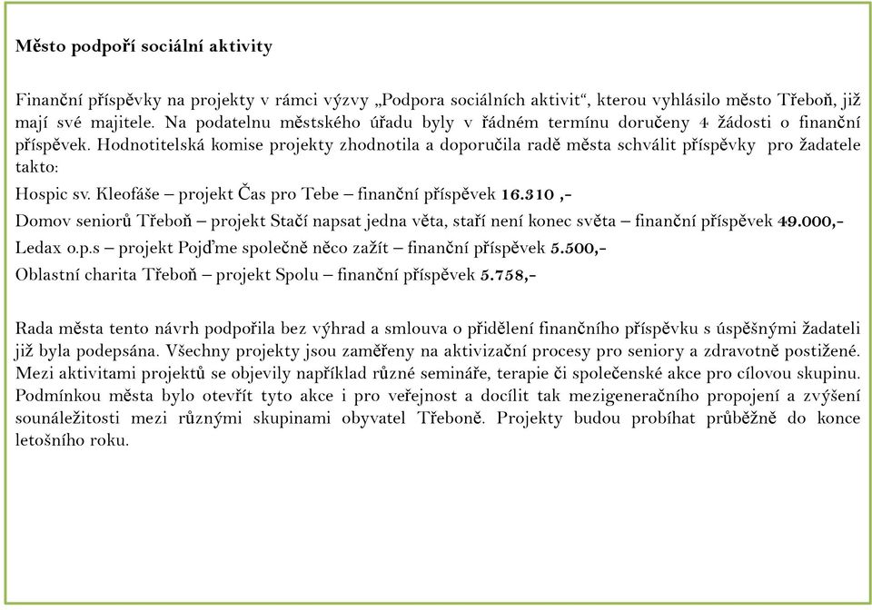 Hodnotitelská komise projekty zhodnotila a doporučila radě města schválit příspěvky pro žadatele takto: Hospic sv. Kleofáše projekt Čas pro Tebe finanční příspěvek 16.