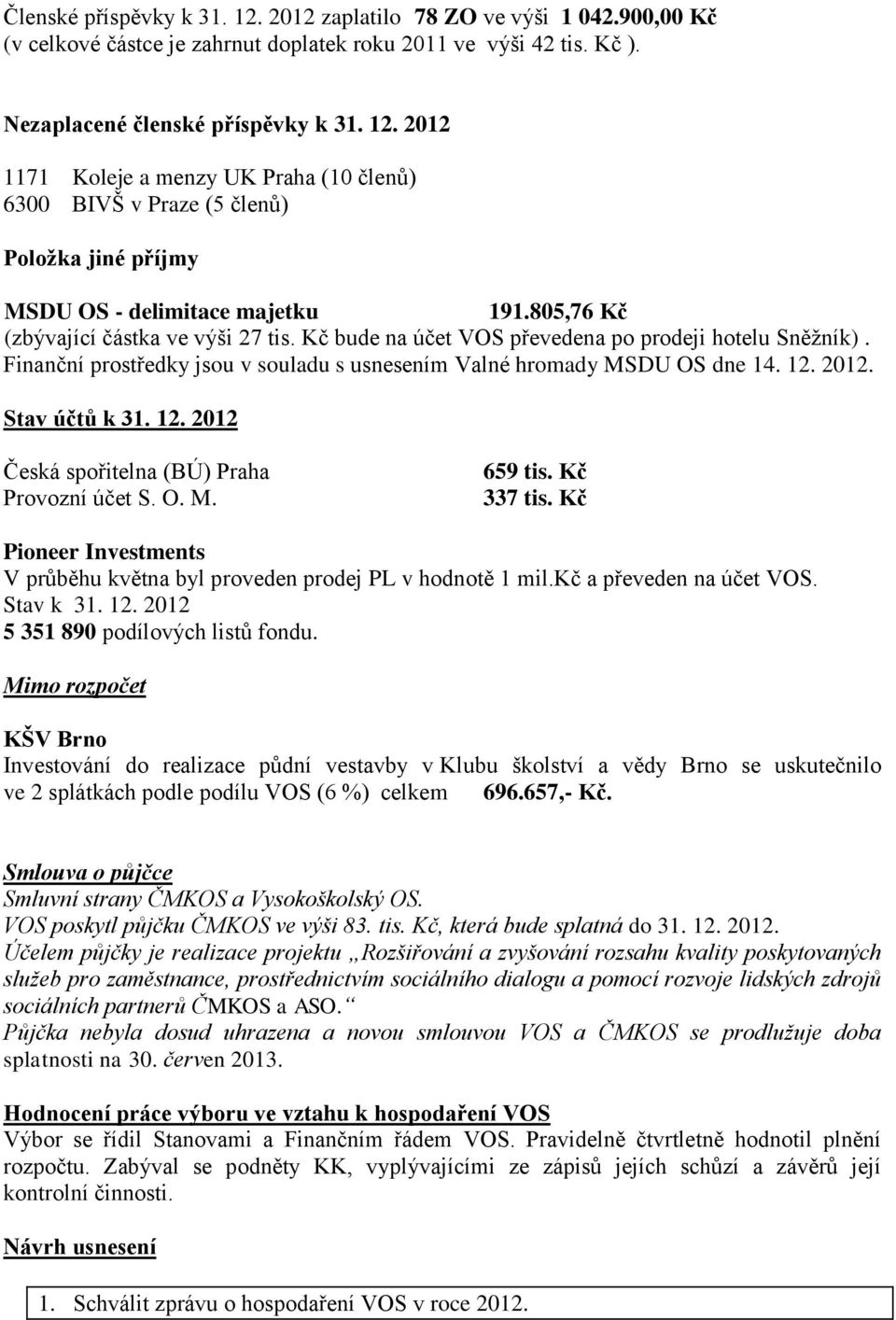 Stav účtů k 31. 12. 2012 Česká spořitelna (BÚ) Praha Provozní účet S. O. M. 659 tis. Kč 337 tis. Kč Pioneer Investments V průběhu května byl proveden prodej PL v hodnotě 1 mil.