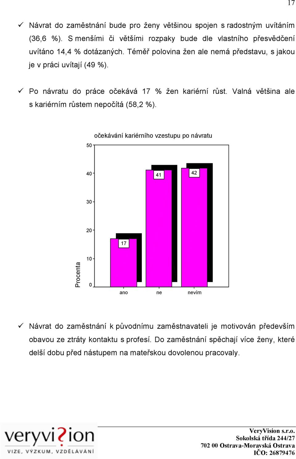 Po návratu do práce očekává 17 % žen kariérní růst. Valná většina ale s kariérním růstem nepočítá (58,2 %).