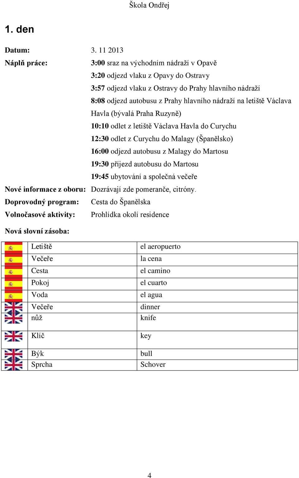 na letiště Václava Havla (bývalá Praha Ruzyně) 10:10 odlet z letiště Václava Havla do Curychu 12:30 odlet z Curychu do Malagy (Španělsko) 16:00 odjezd autobusu z Malagy do Martosu