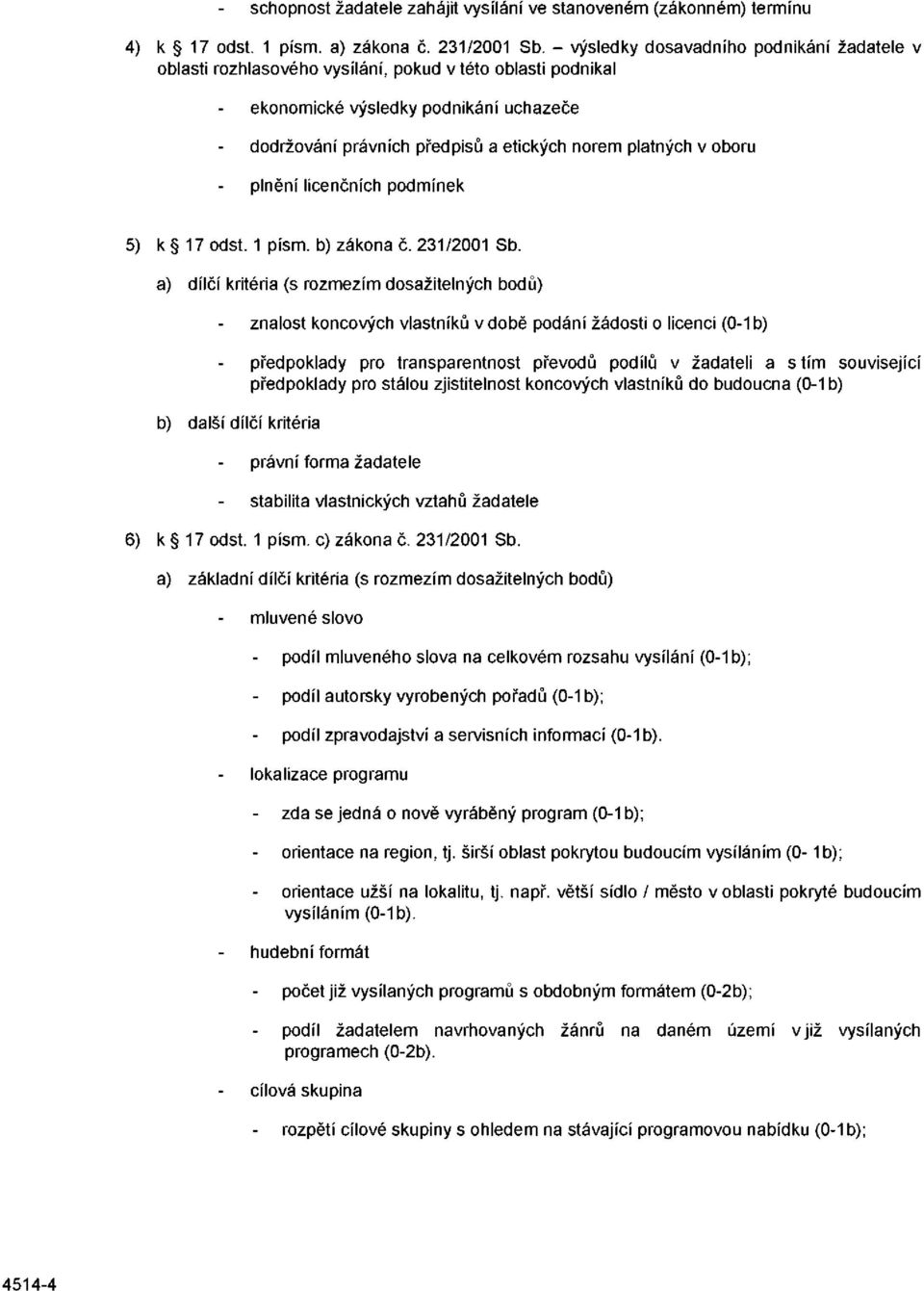 v oboru plnění licenčních podmínek k 17 odst. 1 písm. b) zákona č. 231/2001 Sb.