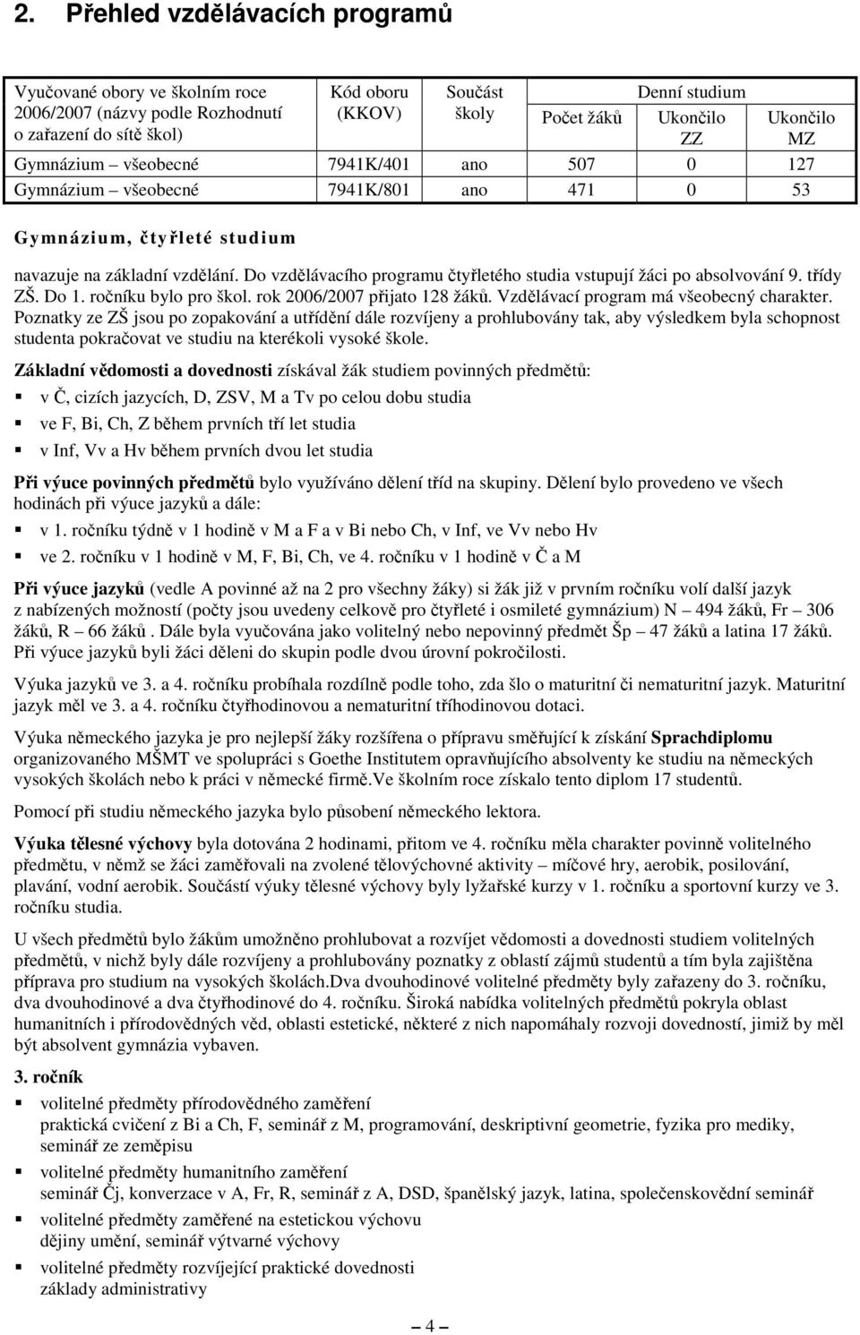 Do vzdělávacího programu čtyřletého studia vstupují žáci po absolvování 9. třídy ZŠ. Do 1. ročníku bylo pro škol. rok 2006/2007 přijato 128 žáků. Vzdělávací program má všeobecný charakter.