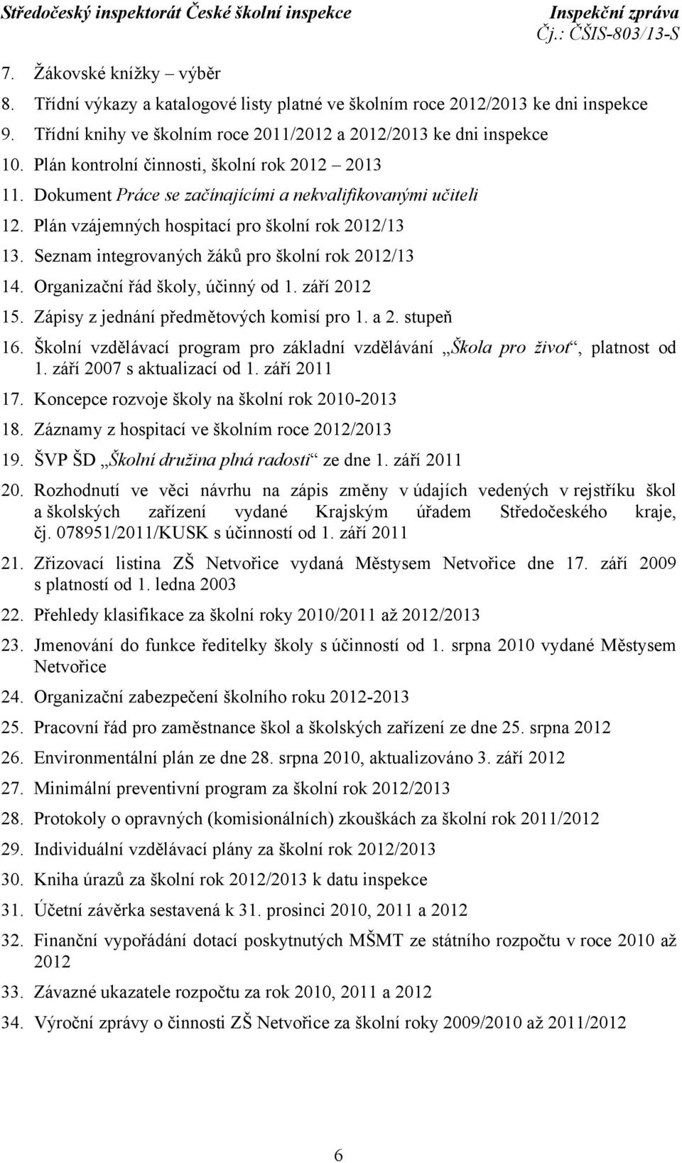 Seznam integrovaných žáků pro školní rok 2012/13 14. Organizační řád školy, účinný od 1. září 2012 15. Zápisy z jednání předmětových komisí pro 1. a 2. stupeň 16.