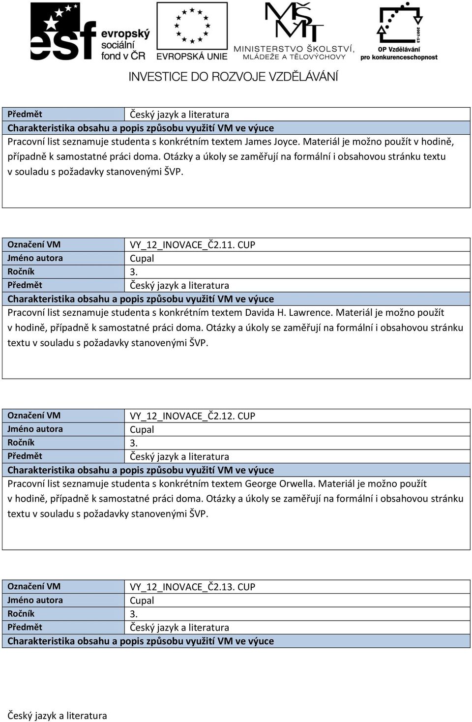 CUP Pracovní list seznamuje studenta s konkrétním textem Davida H. Lawrence.