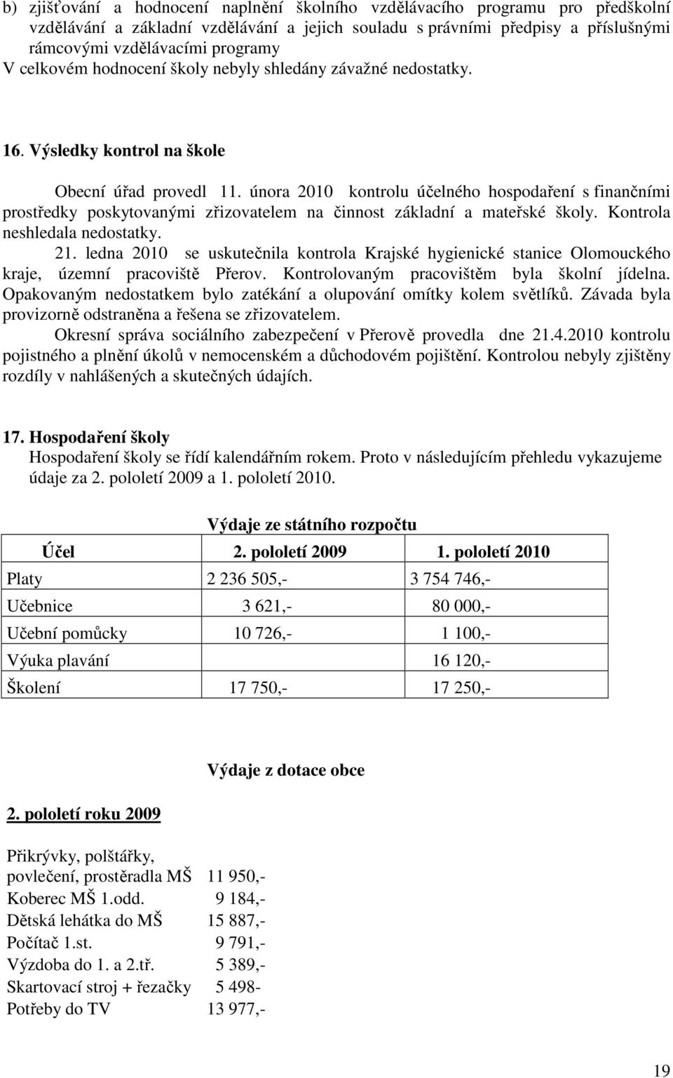 února 2010 kontrolu účelného hospodaření s finančními prostředky poskytovanými zřizovatelem na činnost základní a mateřské školy. Kontrola neshledala nedostatky. 21.