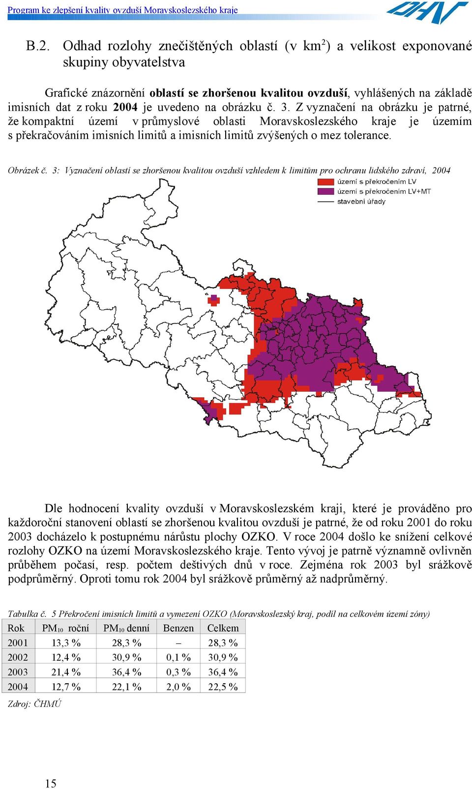 Z vyznačení na obrázku je patrné, že kompaktní území v průmyslové oblasti Moravskoslezského kraje je územím s překračováním imisních limitů a imisních limitů zvýšených o mez tolerance. Obrázek č.