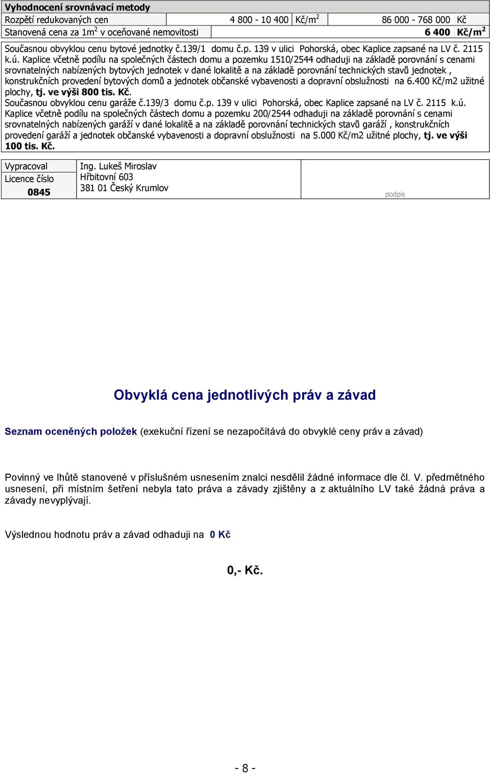 Kaplice včetně podílu na společných částech domu a pozemku 1510/2544 odhaduji na základě porovnání s cenami srovnatelných nabízených bytových jednotek v dané lokalitě a na základě porovnání