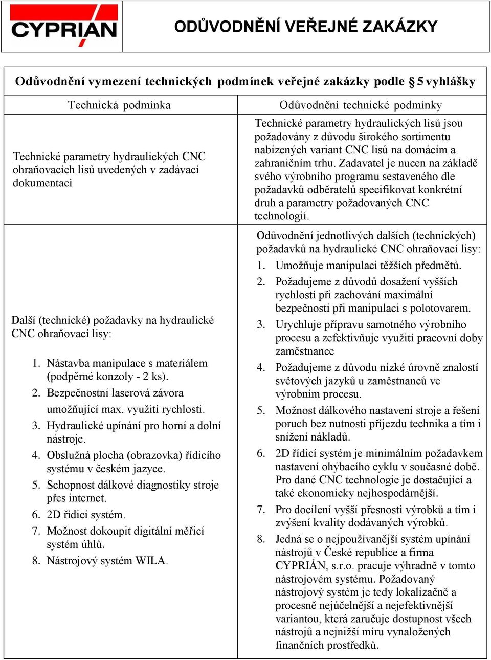 Hydraulické upínání pro horní a dolní nástroje. 4. Obslužná plocha (obrazovka) řídicího systému v českém jazyce. 5. Schopnost dálkové diagnostiky stroje přes internet. 6. 2D řídicí systém. 7.