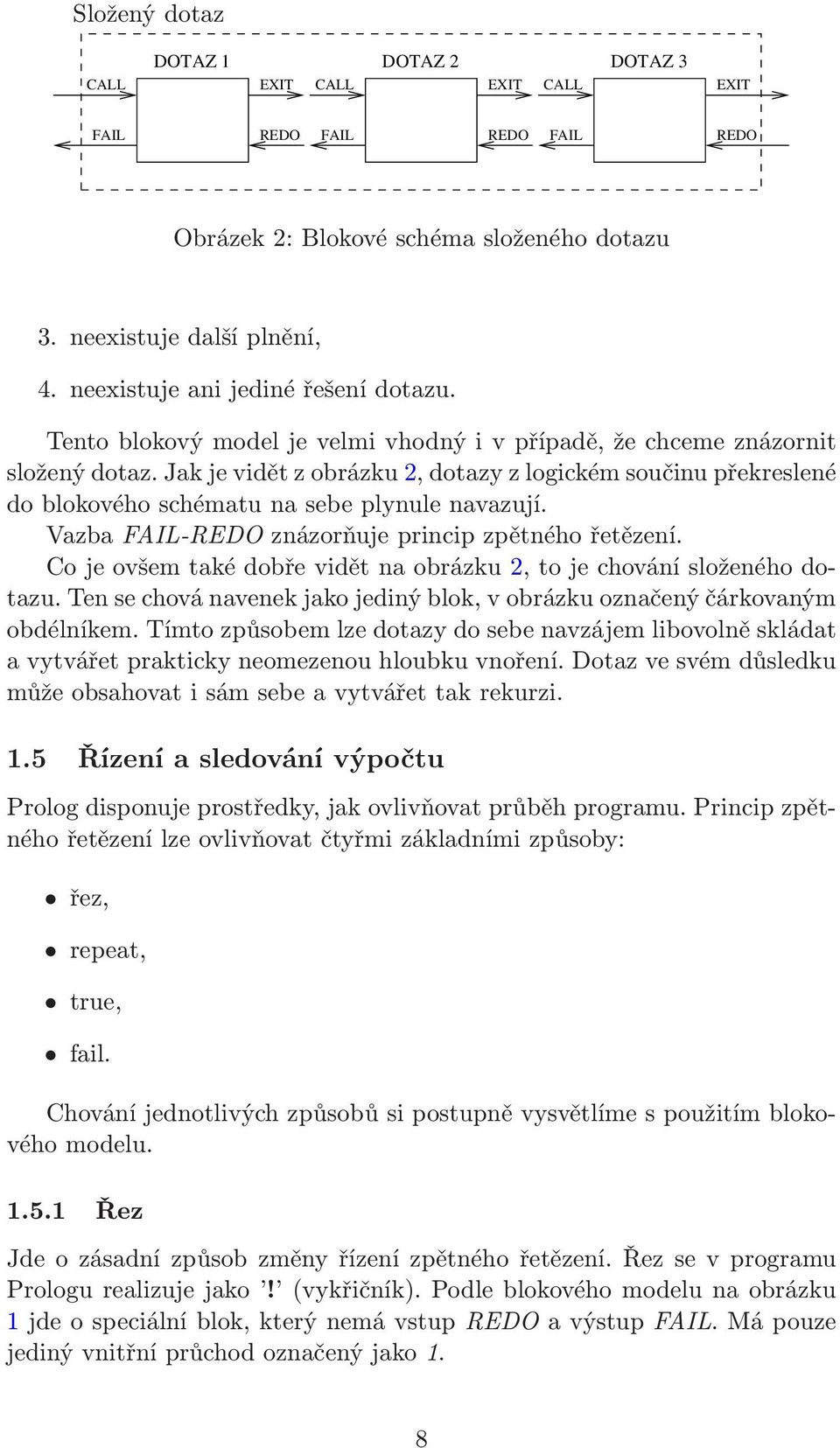 Jak je vidět z obrázku 2, dotazy z logickém součinu překreslené do blokového schématu na sebe plynule navazují. Vazba FAIL-REDO znázorňuje princip zpětného řetězení.