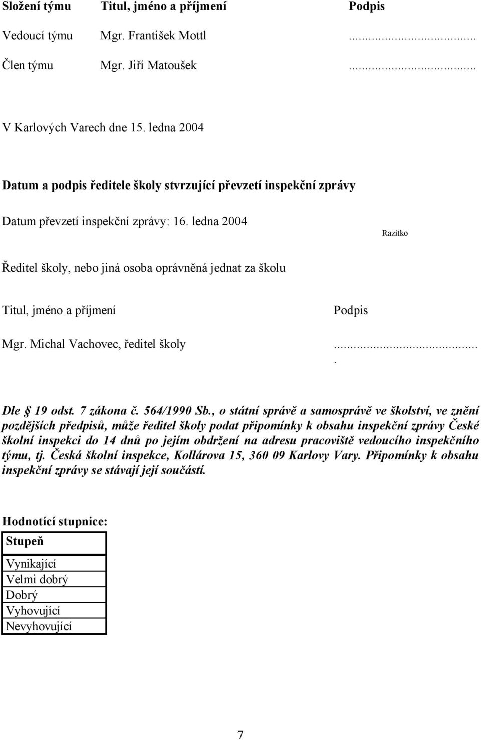 ledna 2004 Razítko Ředitel školy, nebo jiná osoba oprávněná jednat za školu Titul, jméno a příjmení Podpis Mgr. Michal Vachovec, ředitel školy.... Dle 19 odst. 7 zákona č. 564/1990 Sb.