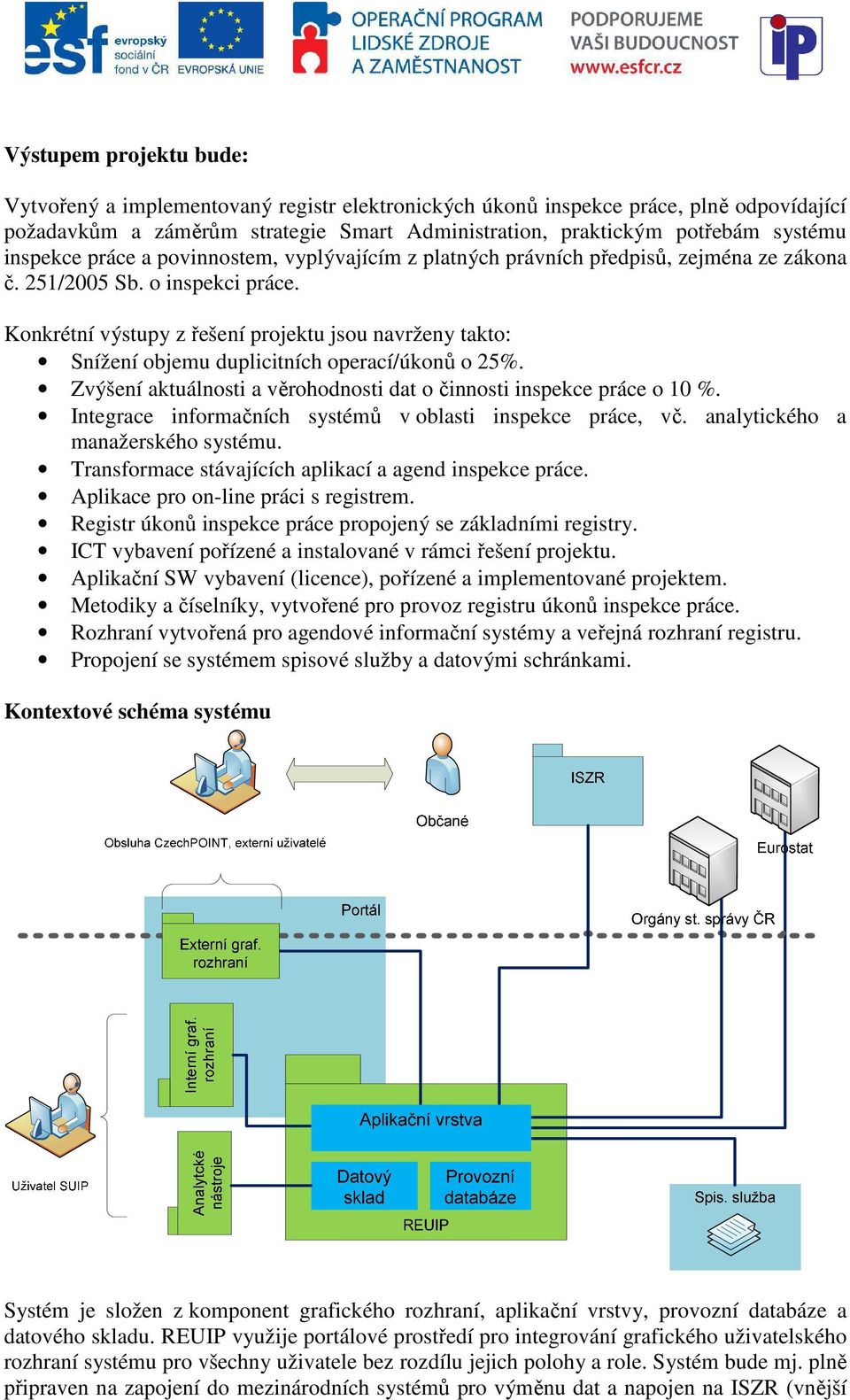 Konkrétní výstupy z řešení projektu jsou navrženy takto: Snížení objemu duplicitních operací/úkonů o 25%. Zvýšení aktuálnosti a věrohodnosti dat o činnosti inspekce práce o 10 %.