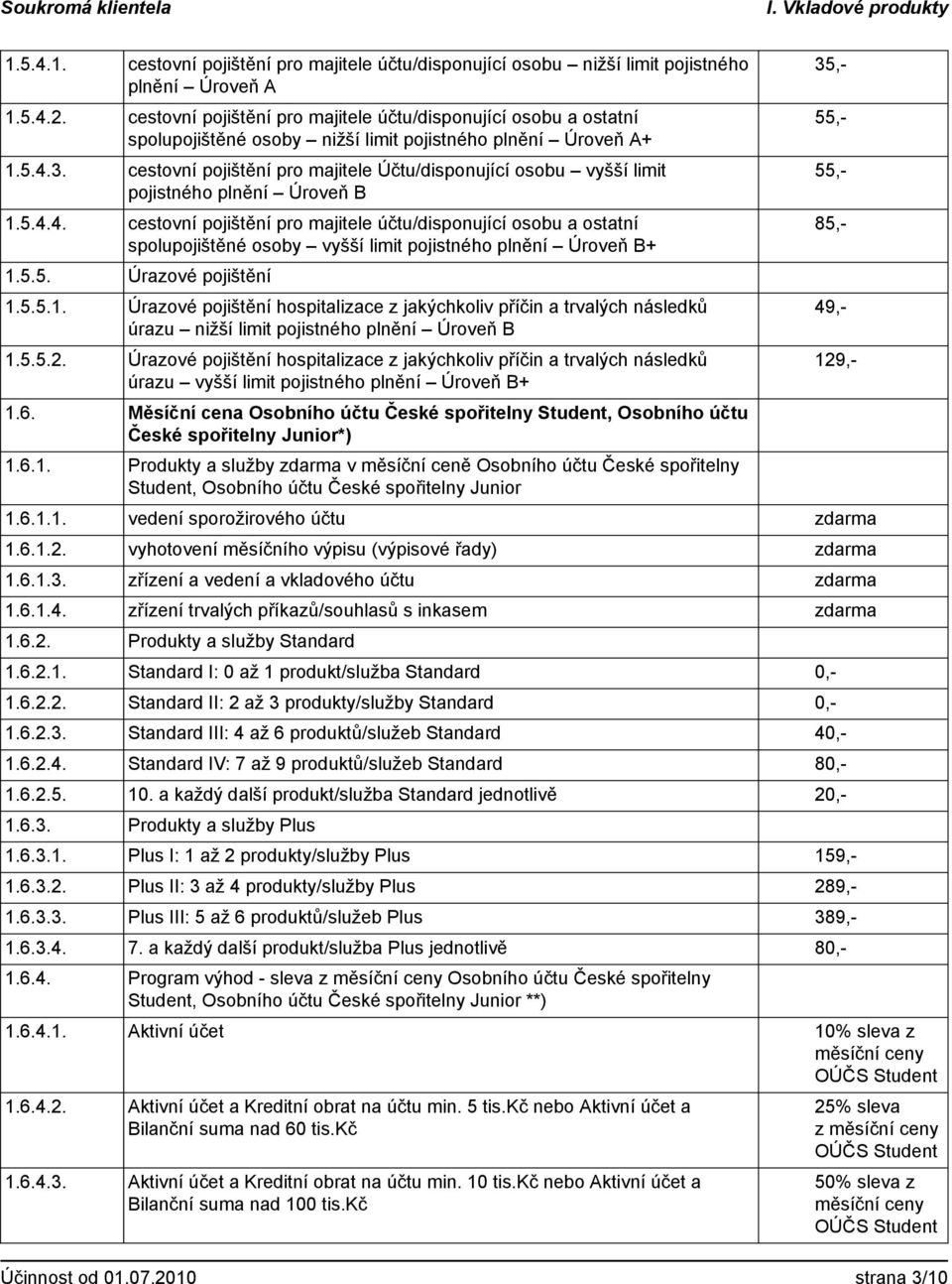 cestovní pojištění pro majitele Účtu/disponující osobu vyšší limit pojistného plnění Úroveň B 1.5.4.