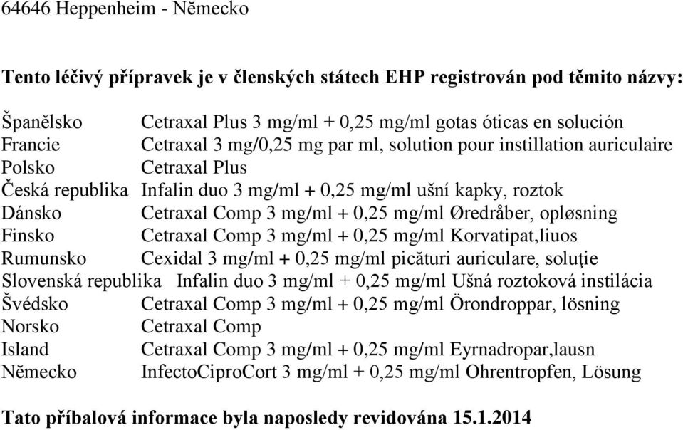 opløsning Finsko Cetraxal Comp 3 mg/ml + 0,25 mg/ml Korvatipat,liuos Rumunsko Cexidal 3 mg/ml + 0,25 mg/ml picături auriculare, soluţie Slovenská republika Infalin duo 3 mg/ml + 0,25 mg/ml Ušná