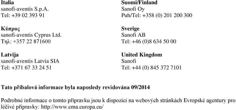 300 Sverige Sanofi AB Tel: +46 (0)8 634 50 00 United Kingdom Sanofi Tel: +44 (0) 845 372 7101 Tato příbalová informace byla