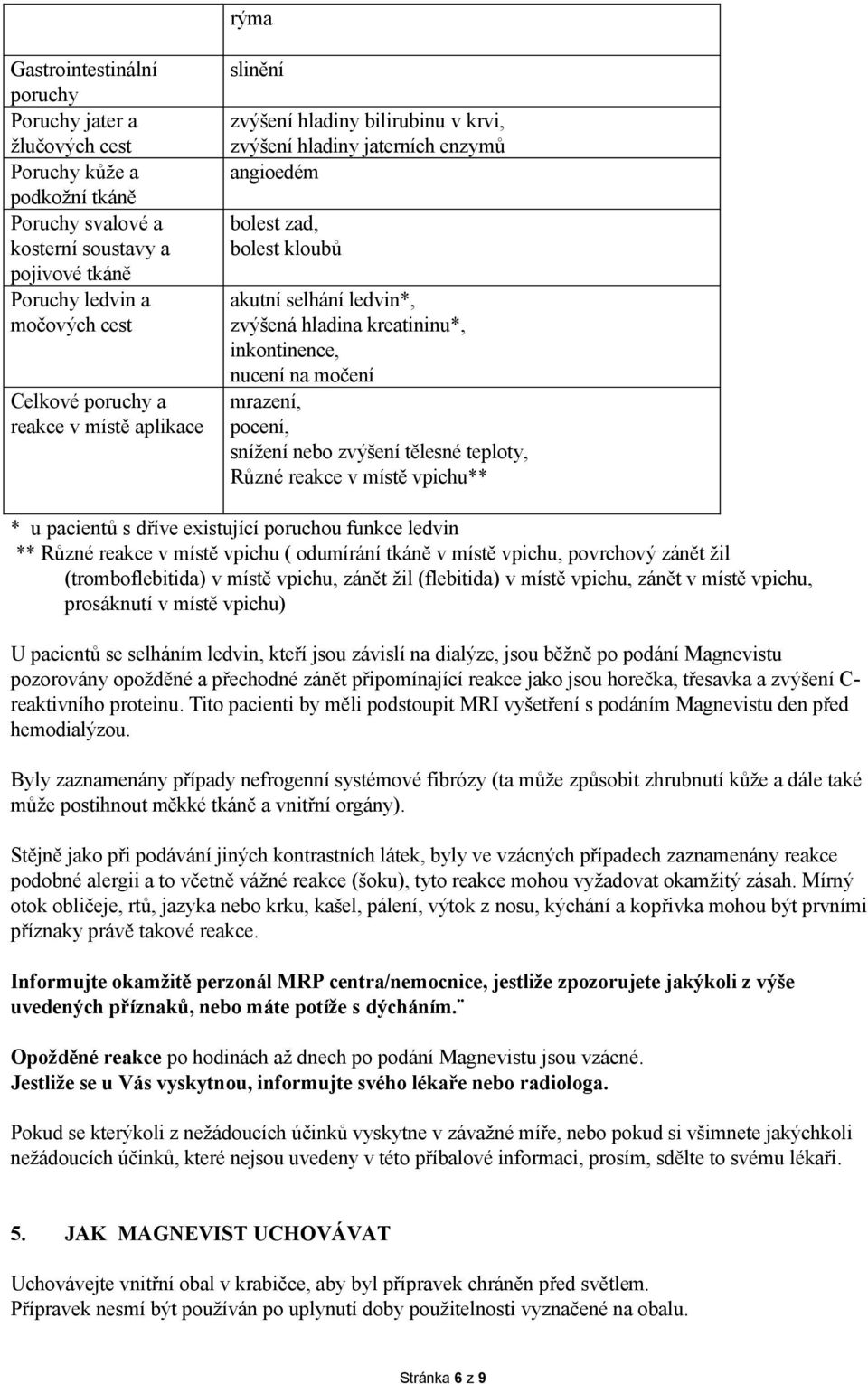 inkontinence, nucení na močení mrazení, pocení, snížení nebo zvýšení tělesné teploty, Různé reakce v místě vpichu** * u pacientů s dříve existující poruchou funkce ledvin ** Různé reakce v místě