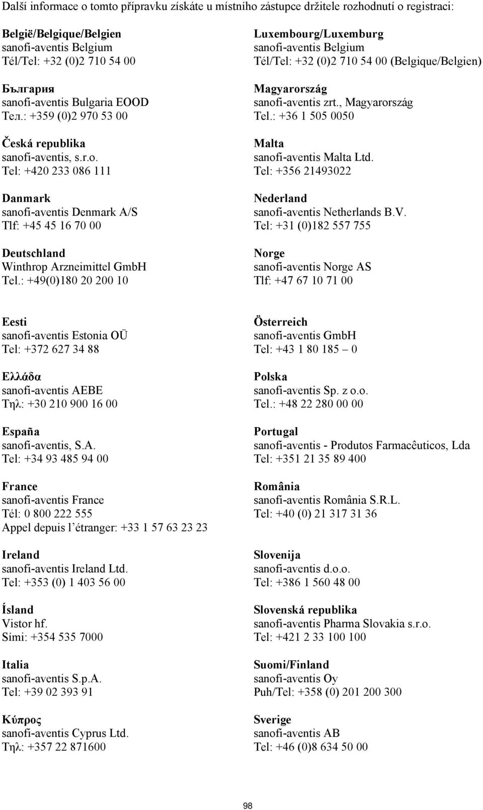 : +49(0)180 20 200 10 Luxembourg/Luxemburg sanofi-aventis Belgium Tél/Tel: +32 (0)2 710 54 00 (Belgique/Belgien) Magyarország sanofi-aventis zrt., Magyarország Tel.