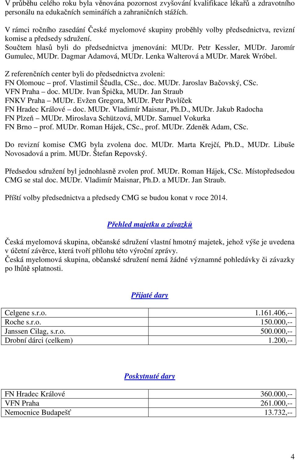 Jaromír Gumulec, MUDr. Dagmar Adamová, MUDr. Lenka Walterová a MUDr. Marek Wróbel. Z referenčních center byli do předsednictva zvoleni: FN Olomouc prof. Vlastimil Ščudla, CSc., doc. MUDr. Jaroslav Bačovský, CSc.