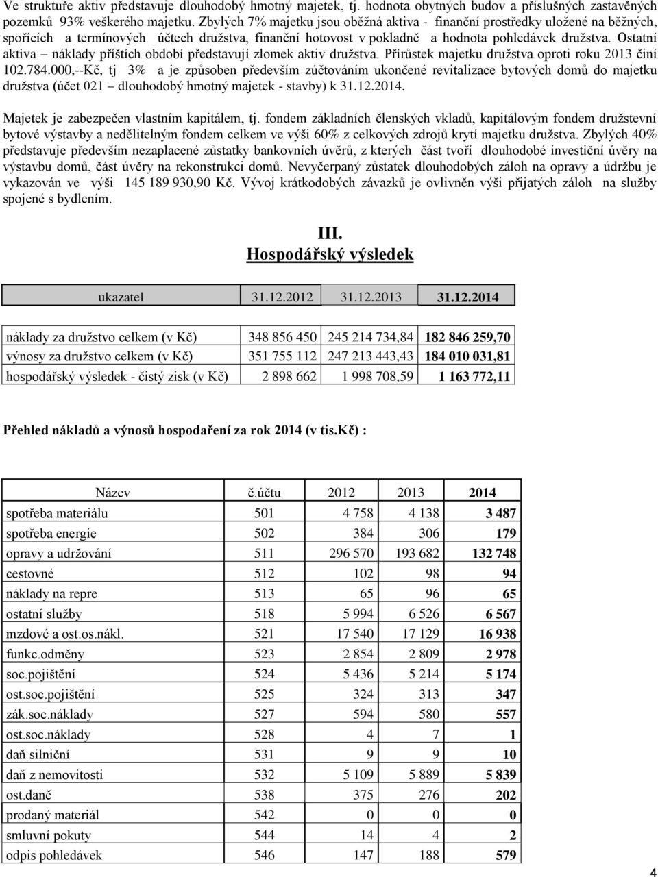 Ostatní aktiva náklady příštích období představují zlomek aktiv družstva. Přírůstek majetku družstva oproti roku 2013 činí 102.784.