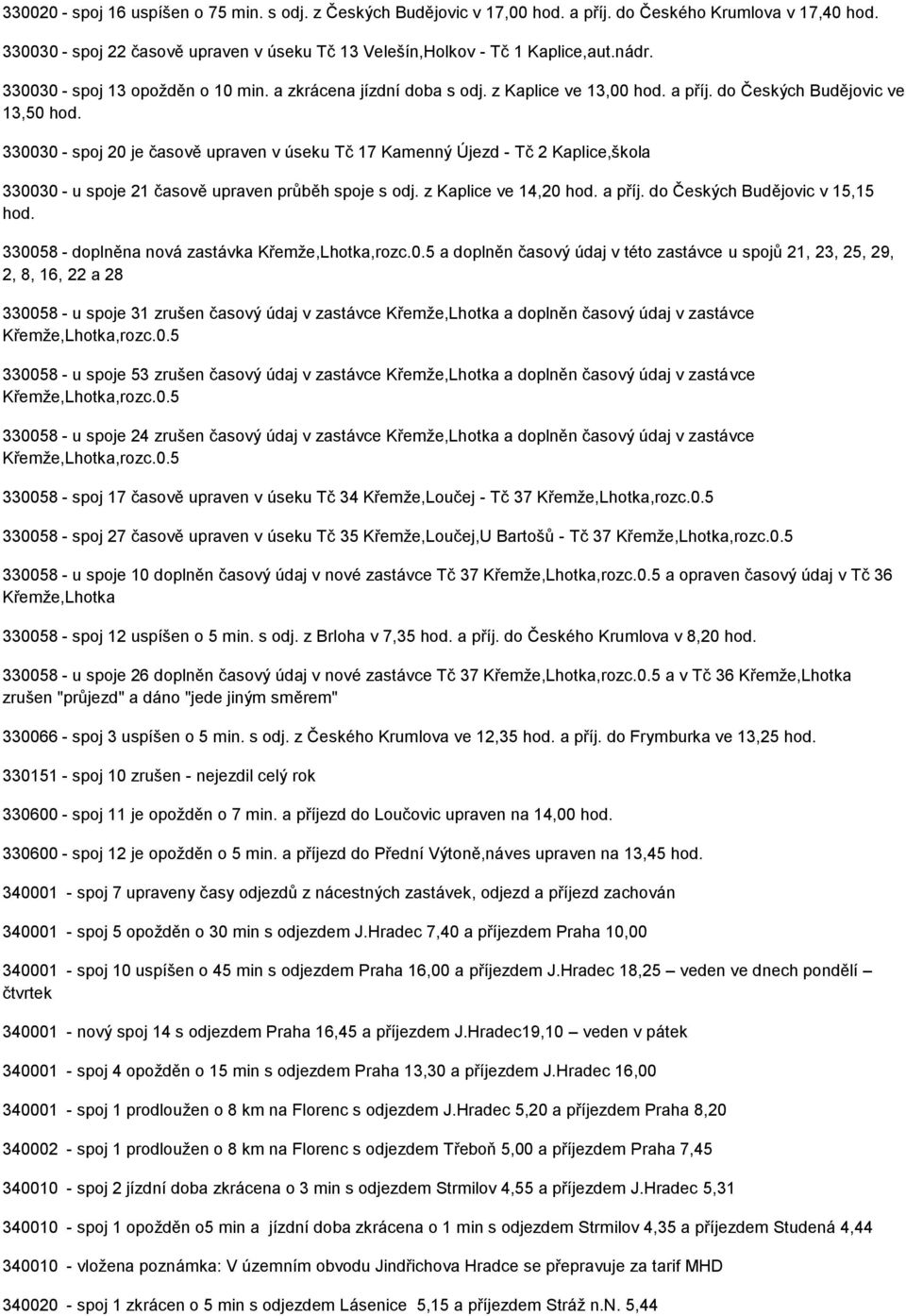 do Českých Budějovic ve 13,50 330030 - spoj 20 je časově upraven v úseku Tč 17 Kamenný Újezd - Tč 2 Kaplice,škola 330030 - u spoje 21 časově upraven průběh spoje s odj. z Kaplice ve 14,20 a příj.