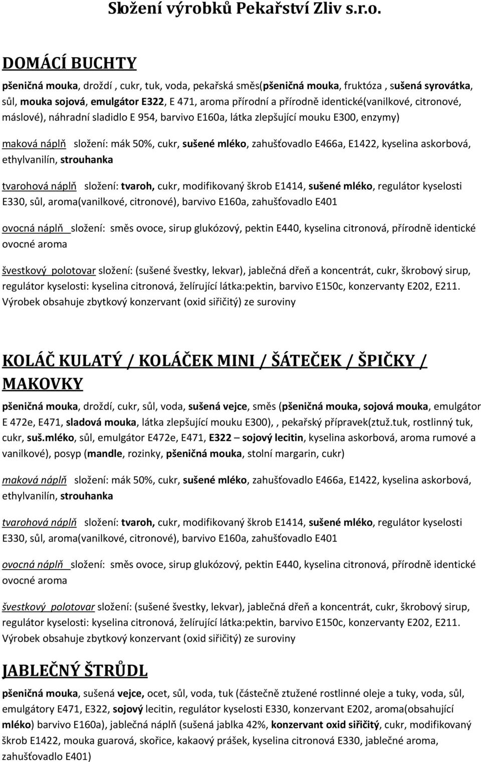 kyselina askorbová, ethylvanilín, strouhanka ovocná náplň složení: směs ovoce, sirup glukózový, pektin E440, kyselina citronová, přírodně identické ovocné aroma švestkový polotovar složení: (sušené