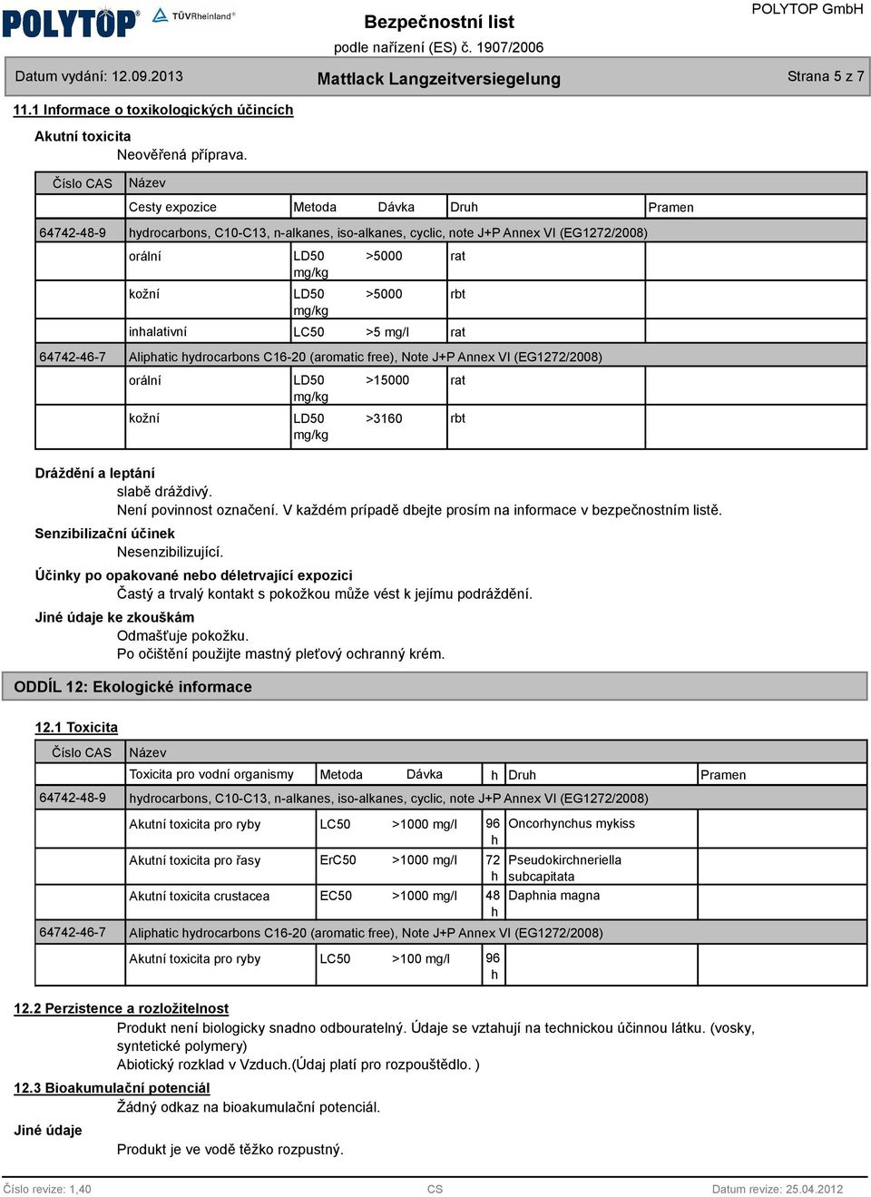 mg/l 64742-46-7 Aliphatic hydrocarbons C16-20 (aromatic free), Note J+P Annex VI (EG1272/2008) orální kožní LD50 >15000 LD50 >3160 Druh rat rbt rat rat rbt Pramen Dráždění a leptání slabě dráždivý.