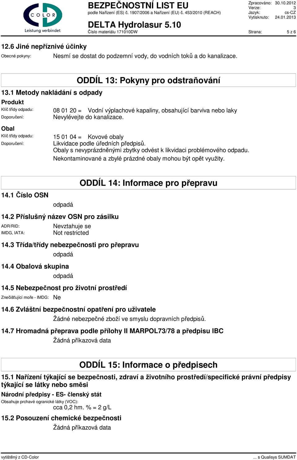 Obal Klíč třídy odpadu: 15 01 04 = Kovové obaly Doporučení: Likvidace podle úředních předpisů. Obaly s nevyprázdněnými zbytky odvést k likvidaci problémového odpadu.