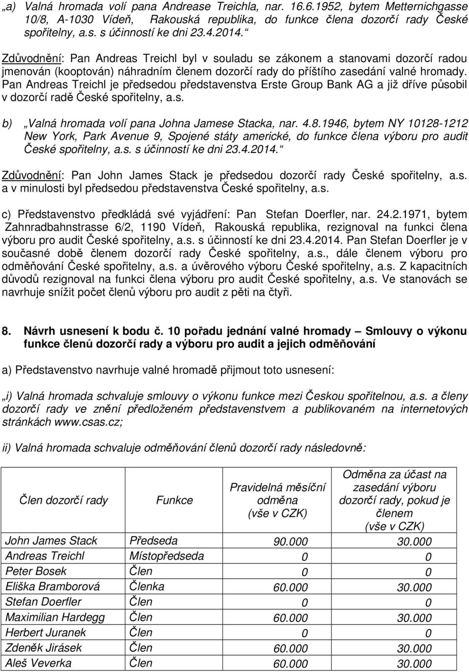 Pan Andreas Treichl je předsedou představenstva Erste Group Bank AG a již dříve působil v dozorčí radě České spořitelny, a.s. b) Valná hromada volí pana Johna Jamese Stacka, nar. 4.8.