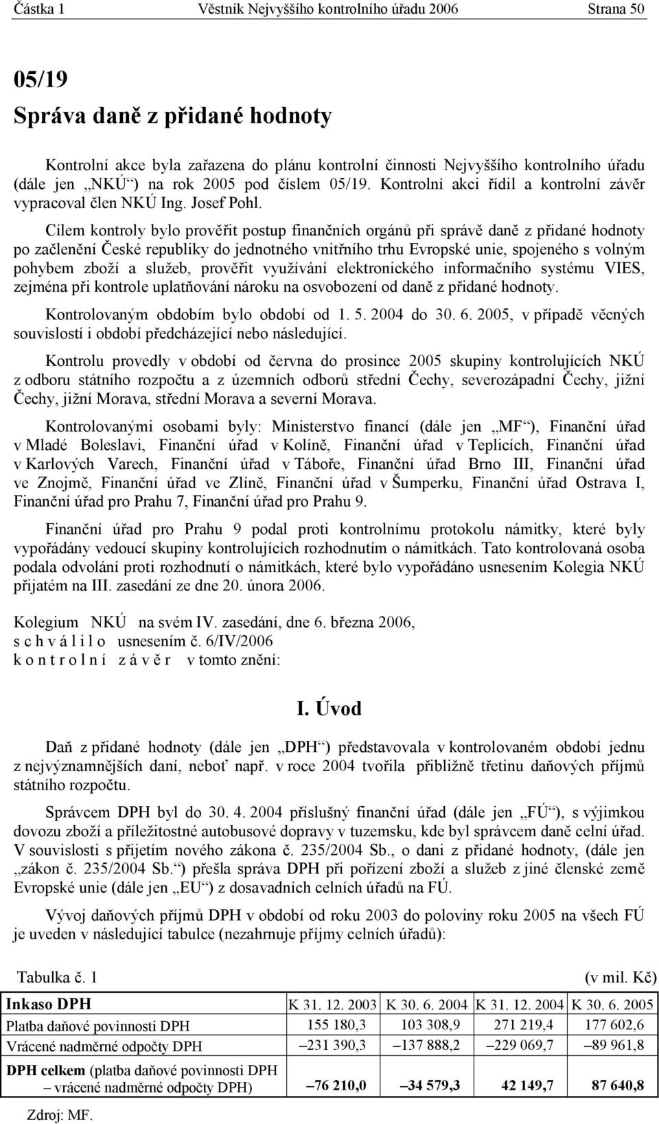 Cílem kontroly bylo prověřit postup finančních orgánů při správě daně z přidané hodnoty po začlenění České republiky do jednotného vnitřního trhu Evropské unie, spojeného s volným pohybem zboží a