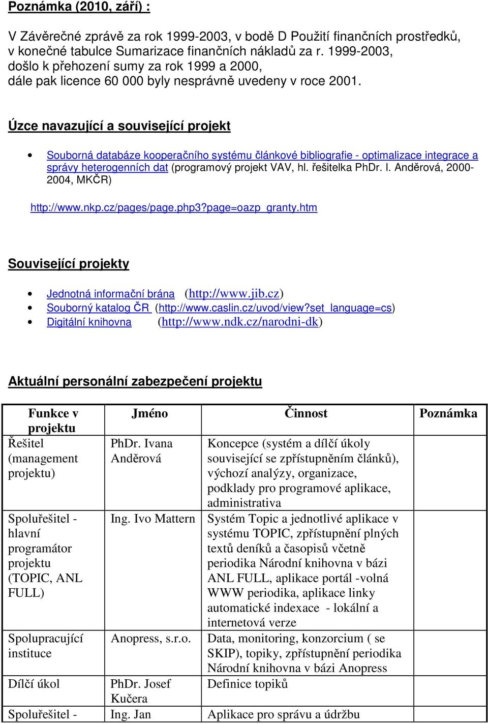 Úzce navazující a související projekt Souborná databáze kooperačního systému článkové bibliografie - optimalizace integrace a správy heterogenních dat (programový projekt VAV, hl. řešitelka PhDr. I.