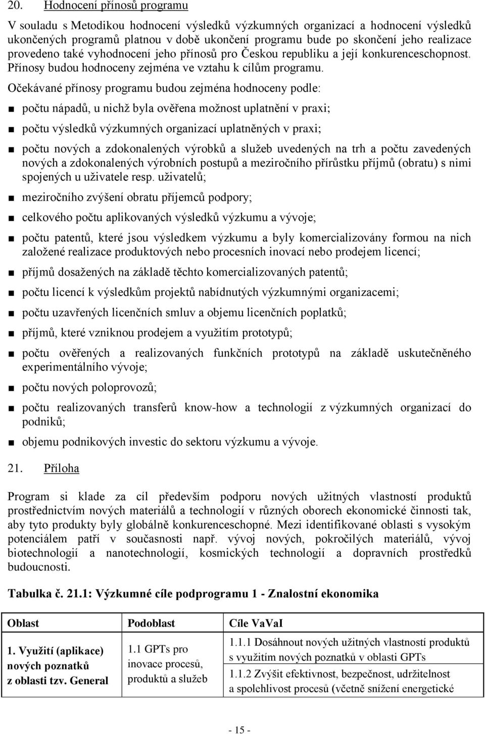 Očekávané přínosy programu budou zejména hodnoceny podle: počtu nápadů, u nichž byla ověřena možnost uplatnění v praxi; počtu výsledků výzkumných organizací uplatněných v praxi; počtu nových a