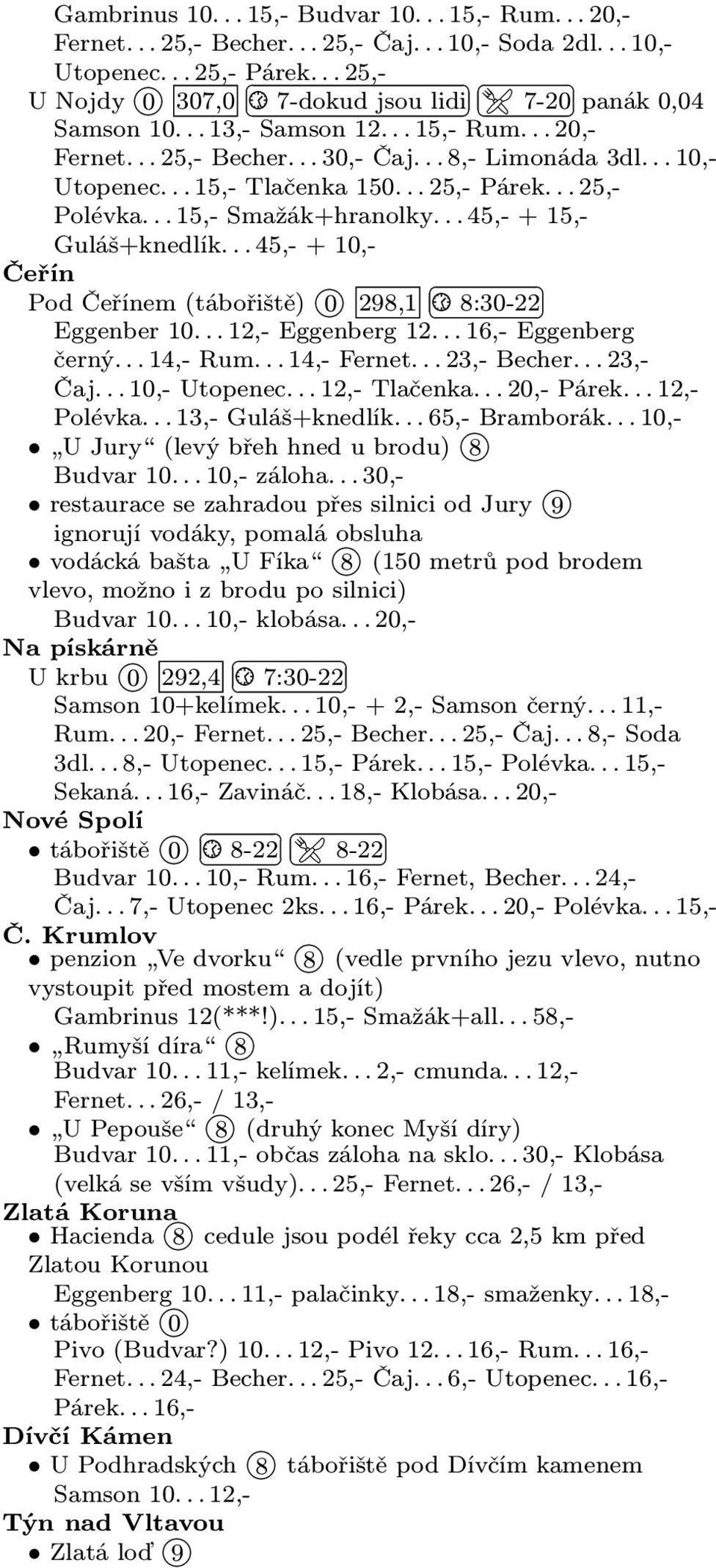.. 25,- Párek... 25,- Polévka... 15,- Smažák+hranolky... 45,- + 15,- Guláš+knedlík... 45,- + 10,- Čeřín Pod Čeřínem (tábořiště) 0 298,1 C 8:30-22 Eggenber 10... 12,- Eggenberg 12.