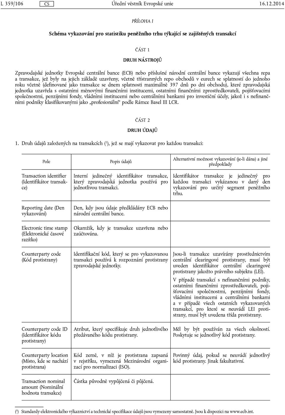 centrální bance vykazují všechna repa a transakce, jež byly na jejich základě uzavřeny, včetně třístranných repo obchodů v eurech se splatností do jednoho roku včetně (definované jako transakce se