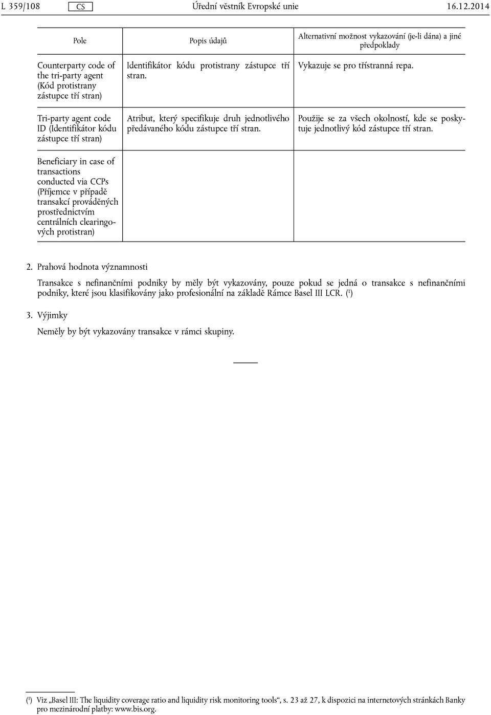 via CCPs (Příjemce v případě transakcí prováděných prostřednictvím centrálních clearingových protistran) Popis údajů Identifikátor kódu protistrany zástupce tří stran.