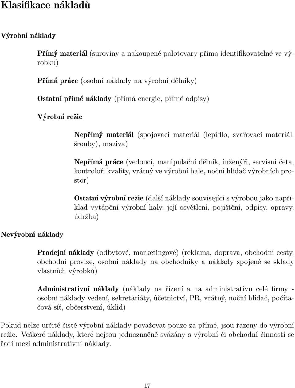 servisní četa, kontroloři kvality, vrátný ve výrobní hale, noční hlídač výrobních prostor) Ostatní výrobní režie (další náklady související s výrobou jako například vytápění výrobní haly, její