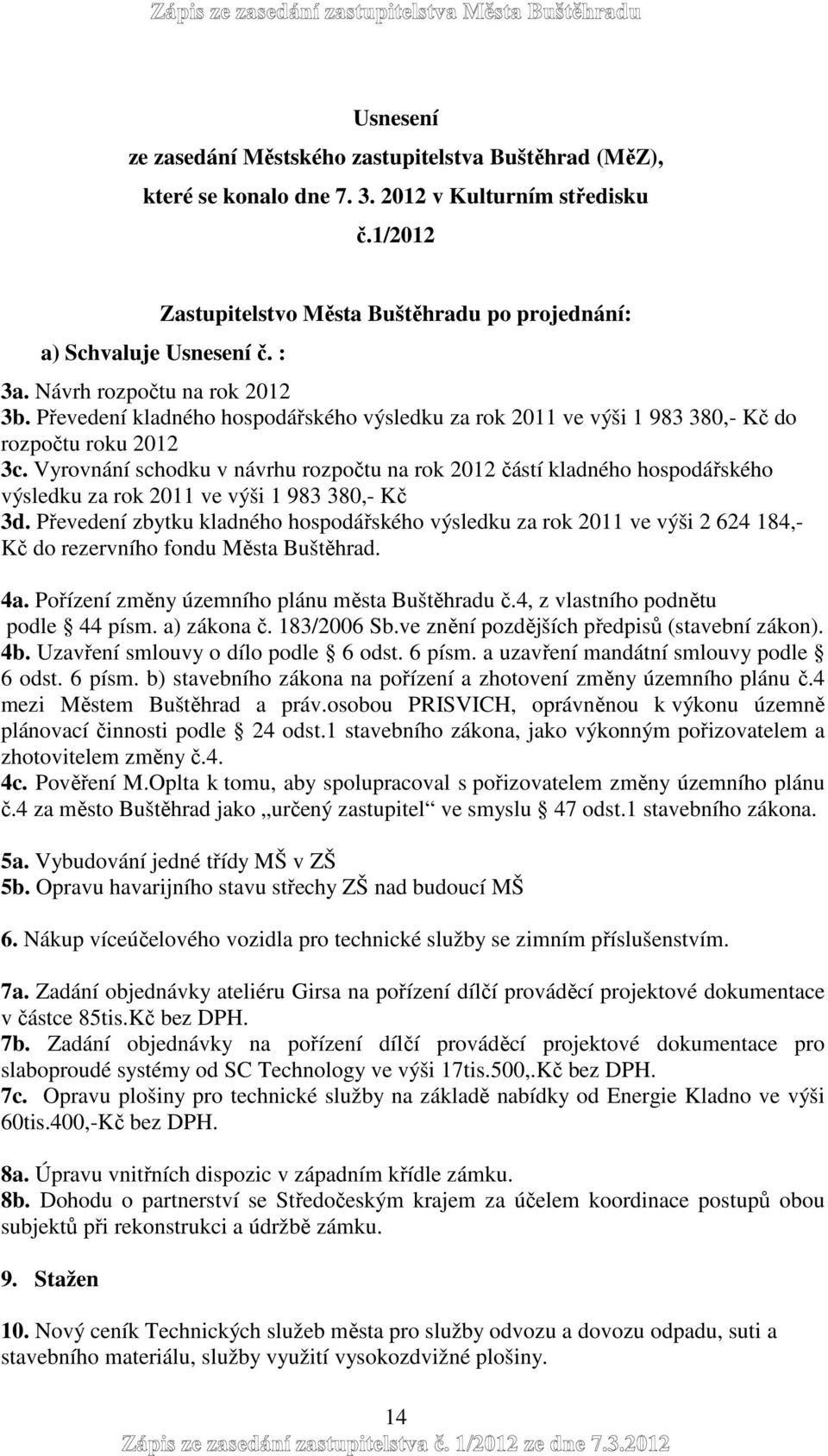 Vyrovnání schodku v návrhu rozpočtu na rok 2012 částí kladného hospodářského výsledku za rok 2011 ve výši 1 983 380,- Kč 3d.