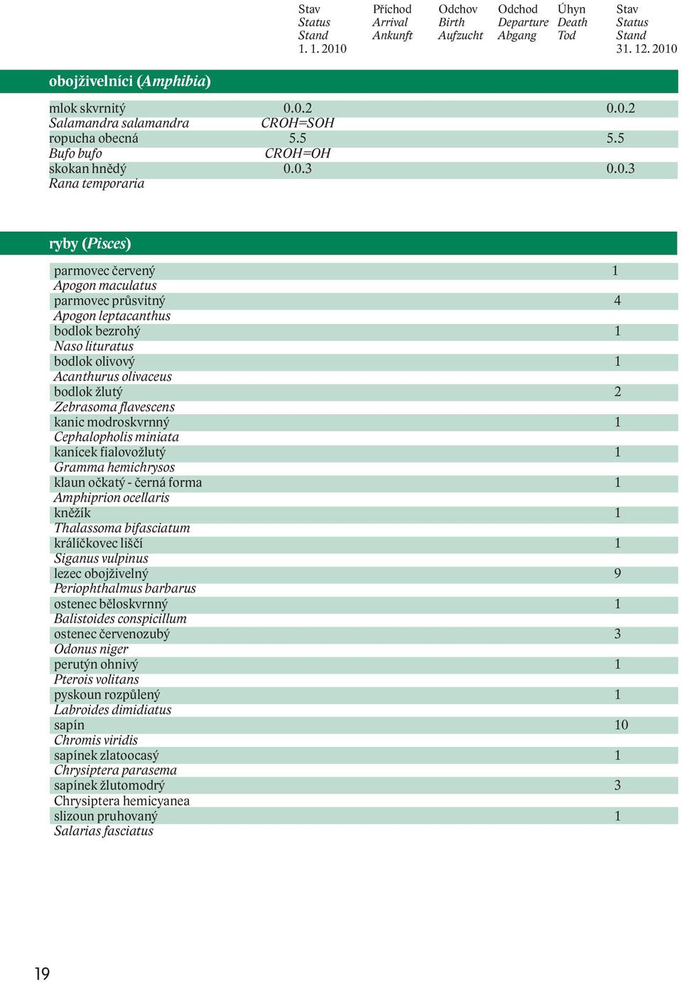 maculatus parmovec průsvitný 4 Apogon leptacanthus bodlok bezrohý 1 Naso lituratus bodlok olivový 1 Acanthurus olivaceus bodlok žlutý 2 Zebrasoma flavescens kanic modroskvrnný 1 Cephalopholis miniata