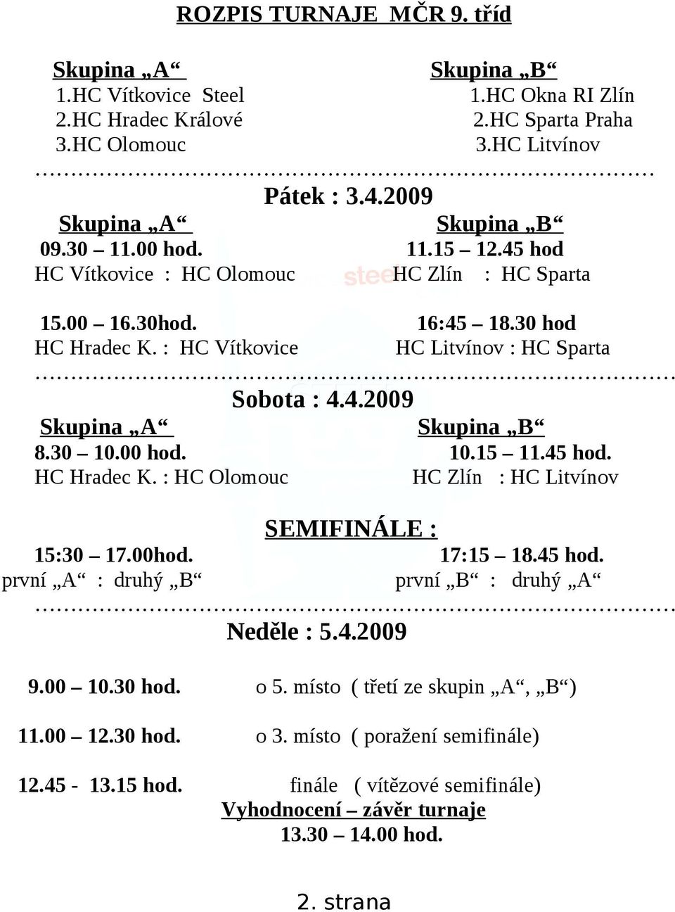 30 10.00 hod. 10.15 11.45 hod. HC Hradec K. : HC Olomouc HC Zlín : HC Litvínov SEMIFINÁLE : 15:30 17.00hod. 17:15 18.45 hod. první A : druhý B první B : druhý A Neděle : 5.4.2009 9.00 10.