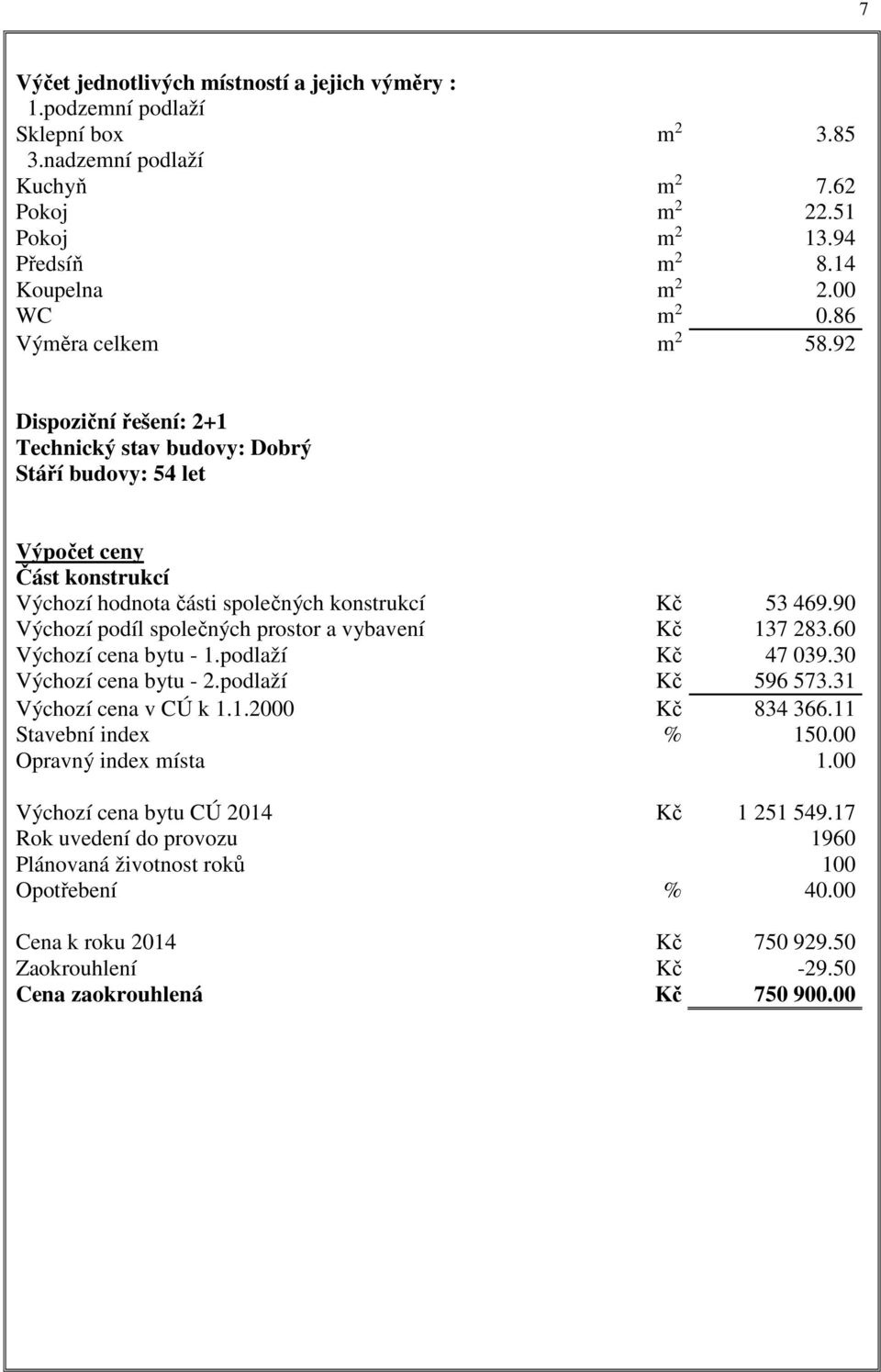 90 Výchozí podíl společných prostor a vybavení Kč 137 283.60 Výchozí cena bytu - 1.podlaží Kč 47 039.30 Výchozí cena bytu - 2.podlaží Kč 596 573.31 Výchozí cena v CÚ k 1.1.2000 Kč 834 366.