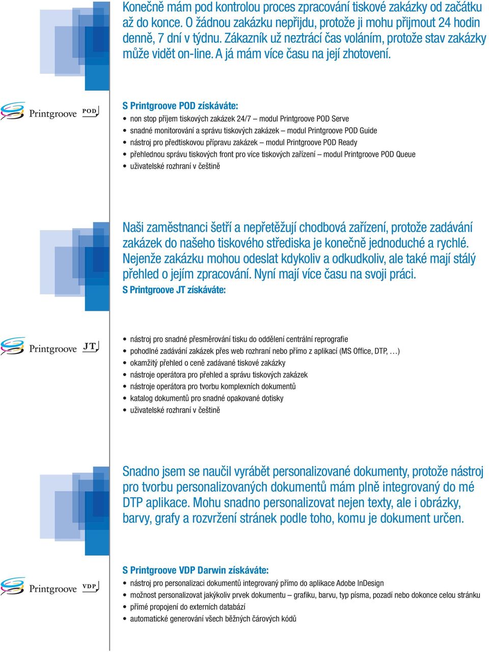 S Printgroove POD získáváte: non stop příjem tiskových zakázek 24/7 modul Printgroove POD Serve snadné monitorování a správu tiskových zakázek modul Printgroove POD Guide nástroj pro předtiskovou