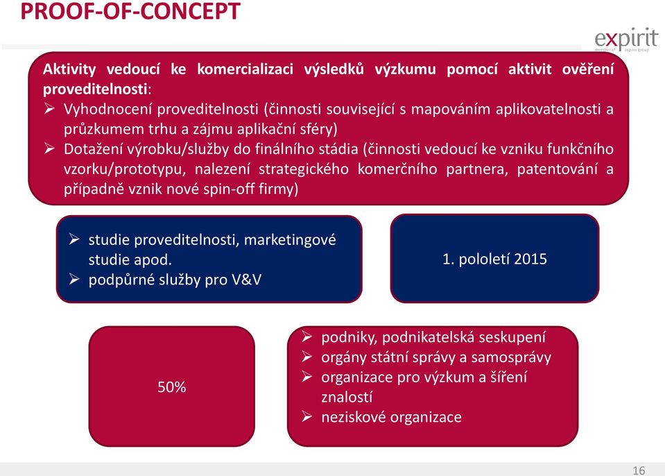 vzorku/prototypu, nalezení strategického komerčního partnera, patentování a případně vznik nové spin-off firmy) studie proveditelnosti, marketingové studie apod.