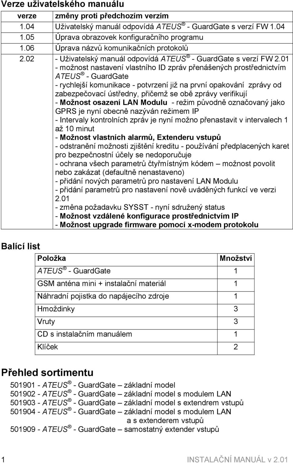 01 - možnost nastavení vlastního ID zpráv přenášených prostřednictvím ATEUS - GuardGate - rychlejší komunikace - potvrzení již na první opakování zprávy od zabezpečovací ústředny, přičemž se obě