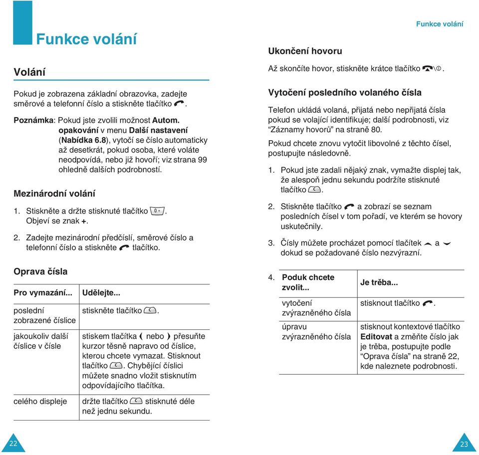 Mezinárodní volání 1. Stisknûte a drïte stisknuté tlaãítko. Objeví se znak +. 2. Zadejte mezinárodní pfiedãíslí, smûrové ãíslo a telefonní ãíslo a stisknûte tlaãítko.