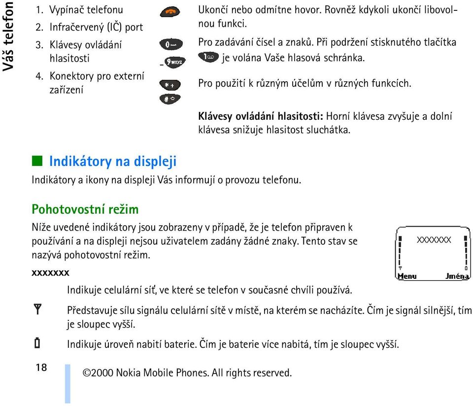 Klávesy ovládání hlasitosti: Horní klávesa zvy¹uje a dolní klávesa sni¾uje hlasitost sluchátka. Indikátory na displeji Indikátory a ikony na displeji Vás informují o provozu telefonu.