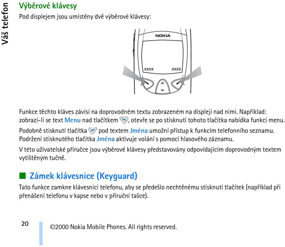 Podobnì stisknutí tlaèítka pod textem Jména umo¾ní pøístup k funkcím telefonního seznamu. Podr¾ení stisknutého tlaèítka Jména aktivuje volání s pomocí hlasového záznamu.