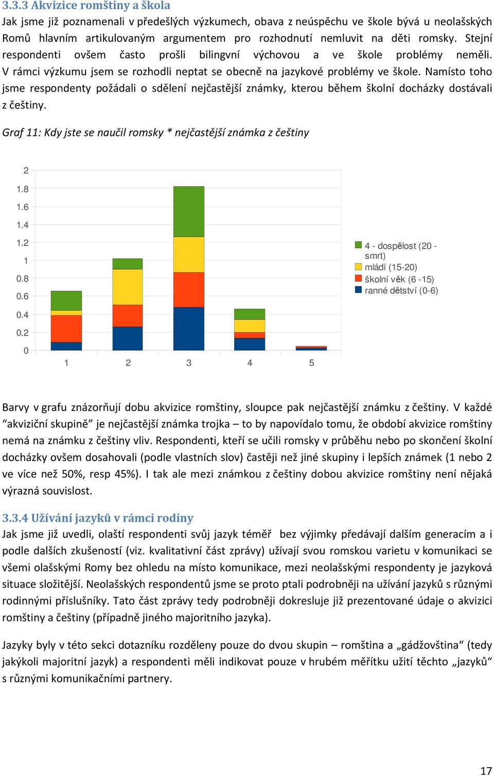 Namísto toho jsme respondenty požádali o sdělení nejčastější známky, kterou během školní docházky dostávali z češtiny. Graf 11: Kdy jste se naučil romsky * nejčastější známka z češtiny 2 1.8 1.6 1.